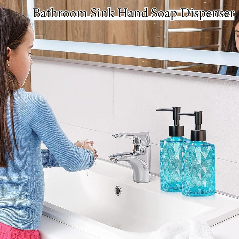 Ulable Clear Ocean Blue Glass Soap Dispenser with Plastic Pump, 2 Pack 12oz Diamond Design Bathroom Soap Dispenser for Hand Wash, Lotion Dispenser & Dish Soap Dispenser for Kitchen and Bathroom - Image 5